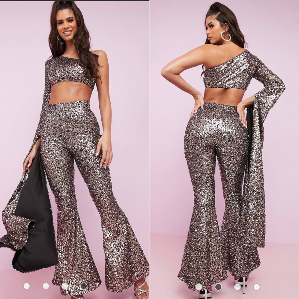 ASOS Luxe 1 Shoulder Sequin Maxi Sleeve Crop Top (US 4) and bottom (US 2)